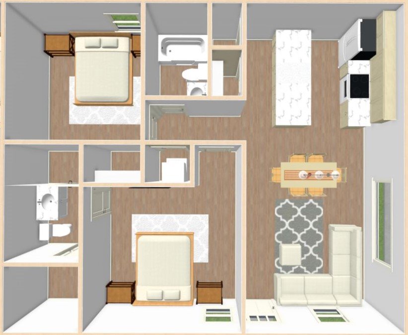 2-bedroom, 2-bathroom condo floor plan