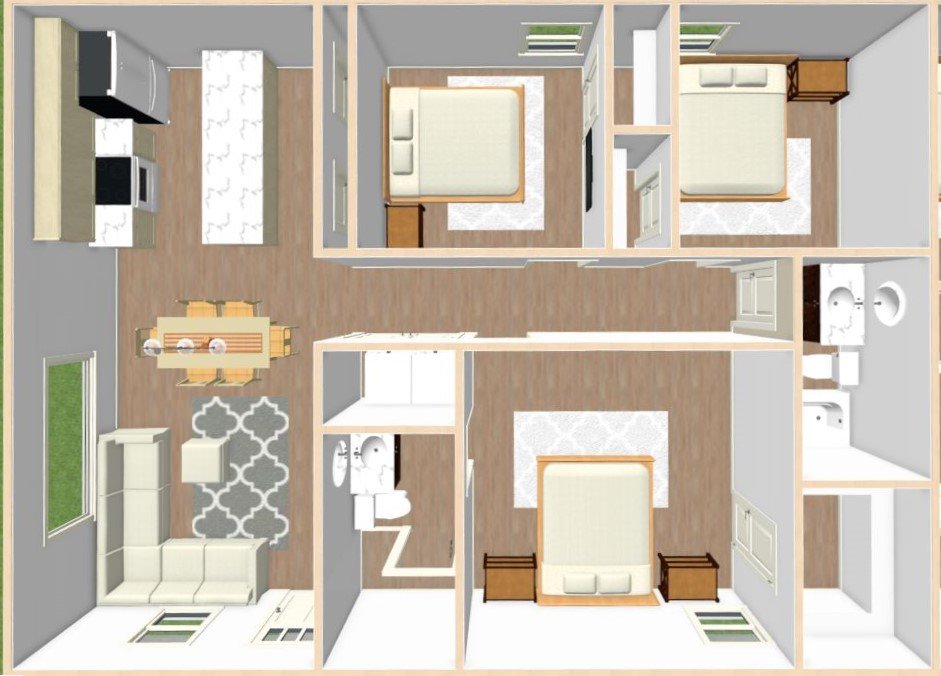 3-bedroom, 2-bathroom condo floor plan